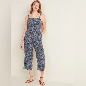 Old Navy Smocked Blue Ditsy Floral Cropped Jumpsuit